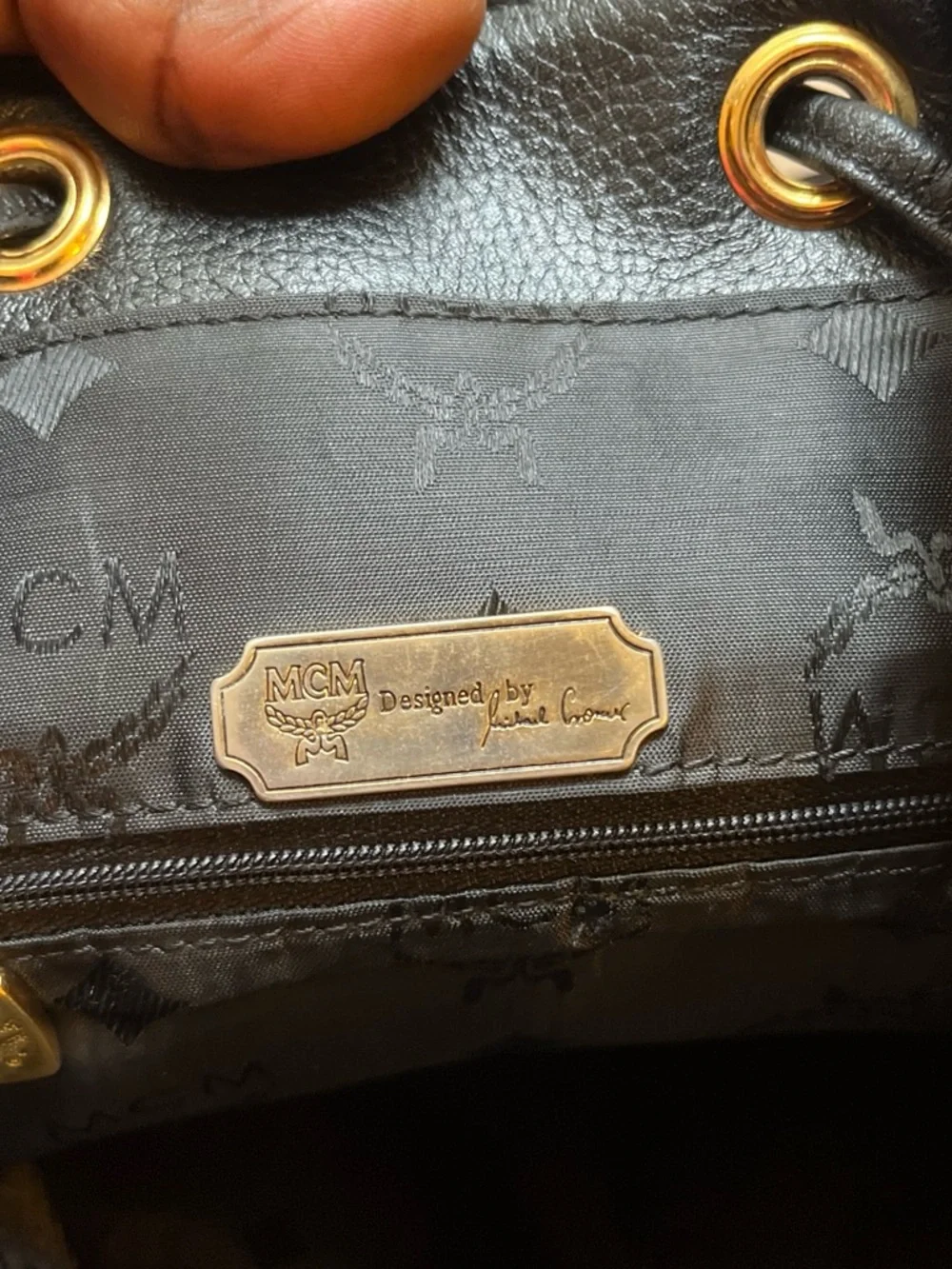 MCM Black Leather Logo Accent Backpack with Gold Plaque